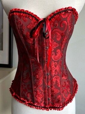 Red Black Brocade Gothic Corset Top Renaissance Steampunk Bustier Xl